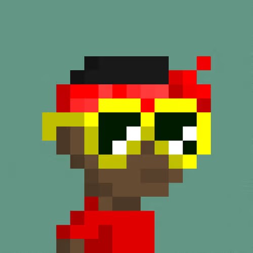A pixel art character with dark skin, wearing yellow sunglasses and a red cap, set against a solid teal background.
