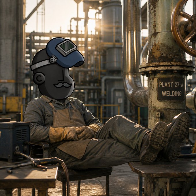 An AI-generated image of a cartoonish black mustachioed head with a welding mask sitting atop a worker's body, resting in a chair at a facility labeled 'PLANT 27-A WELDING'.