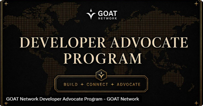 The image features a banner for the Goat Network Developer Advocate Program, which is an online course designed to help people become better developers. The banner includes text that reads "Developer Advocate Program" and "Build+Connect+Advocate". It also has a map of the world on it, indicating that the program is available in multiple countries.