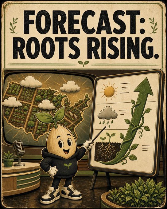 A vintage-style illustrated poster titled 'FORECAST: ROOTS RISING.' features a smiling seed character in a hoodie pointing to a weather-style chart showing an upward arrow with growing plants and roots.