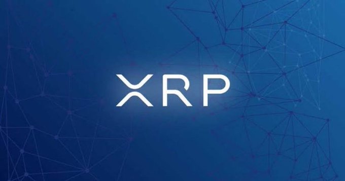 The XRP cryptocurrency logo displayed in white text against a blue background with a network of connected nodes.
