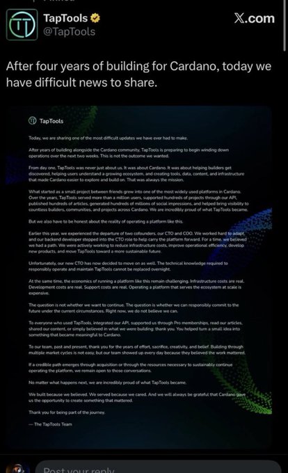 The image features a page from a social media platform where a post about TapTools has been shared. The post appears to be a summary of an article that discusses the departure of key team members at the TapTools platform, which was once a prominent analysis and data service for Cardano users. The post reveals that the TapTools team will be winding down its operations within two weeks due to the challenges it faces in covering operational costs. The main focus of the image is the text on the screen which states this information.