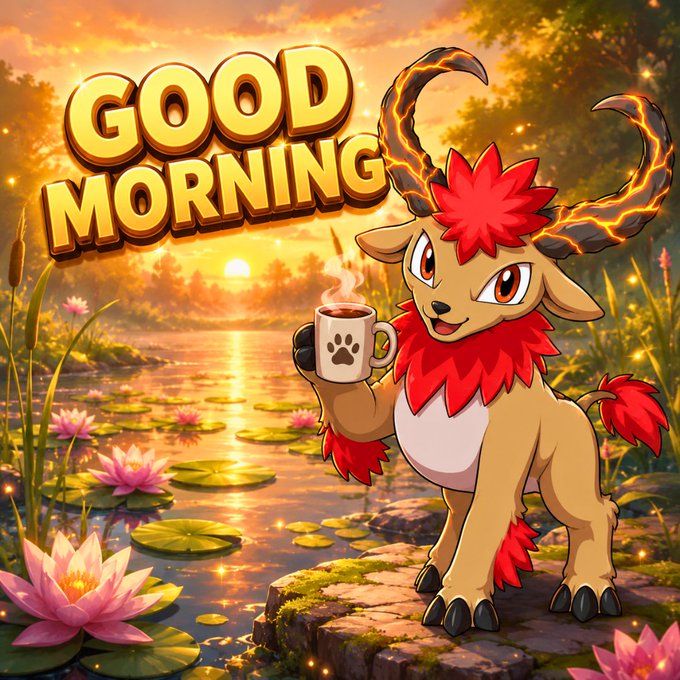 A vibrant illustration featuring a cartoon deer-like creature with red mane and lava-cracked horns holding a steaming mug with a paw print, beside the text 'GOOD MORNING' over a sunset pond scene with lily pads and pink lotus flowers.