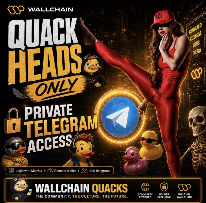 The image features a woman wearing red, posing for a picture while doing the splits. The background of the image is black, making her stand out against it. In front of her are several ducks, which appear to be part of an advertisement or promotional material related to Quack Heads. The text on the image reads "Quack Heads just got their own private nest @wallchain opened a gated Telegram chat for Quack Heads holders ... access is clean: > Login to Matrica". This suggests that the ducks are associated with a private group, and users need to log in to join it.