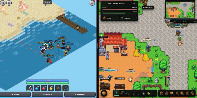 A split-screen screenshot of two pixel-art style mobile games, one showing characters on a dock and the other displaying a village scene labeled 'AMGRYDRAGON'.