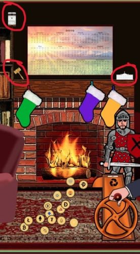 A hidden object puzzle game scene featuring a fireplace with three stockings, a calendar, a knight figurine, scattered coins, and red circles highlighting a clock, a hammer, and a bed.