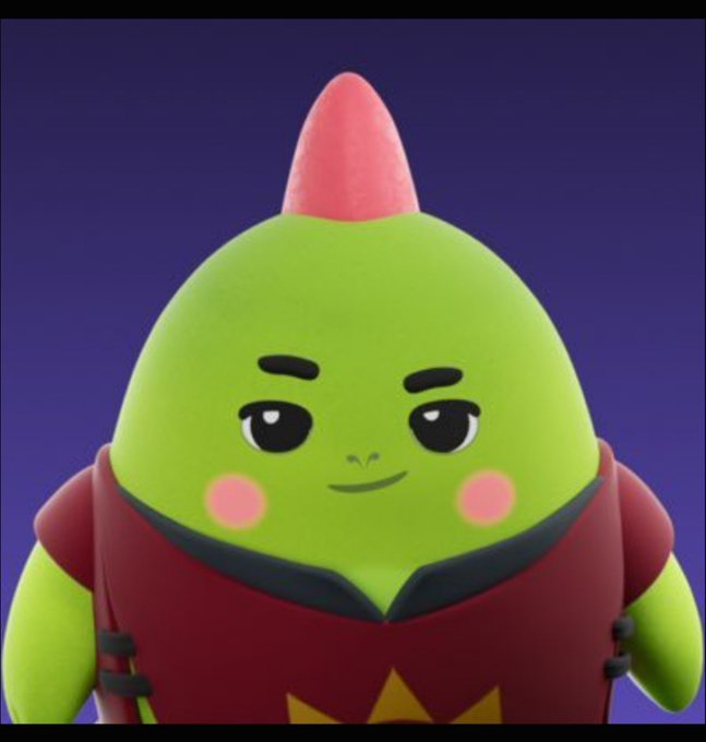 A cute green cartoon character with a pink cone-shaped crest on its head, wearing a red outfit, is displayed against a dark purple background. The character appears to be the mascot for Sleepagotchi, a sleep and wellness tracking application mentioned in the post.