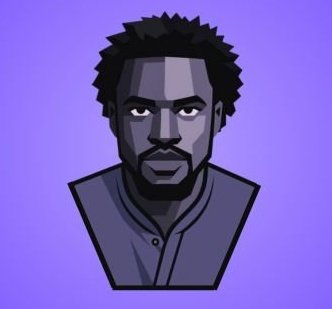 A stylized cartoon portrait of a man with dark skin, a beard, and short hair against a purple background.