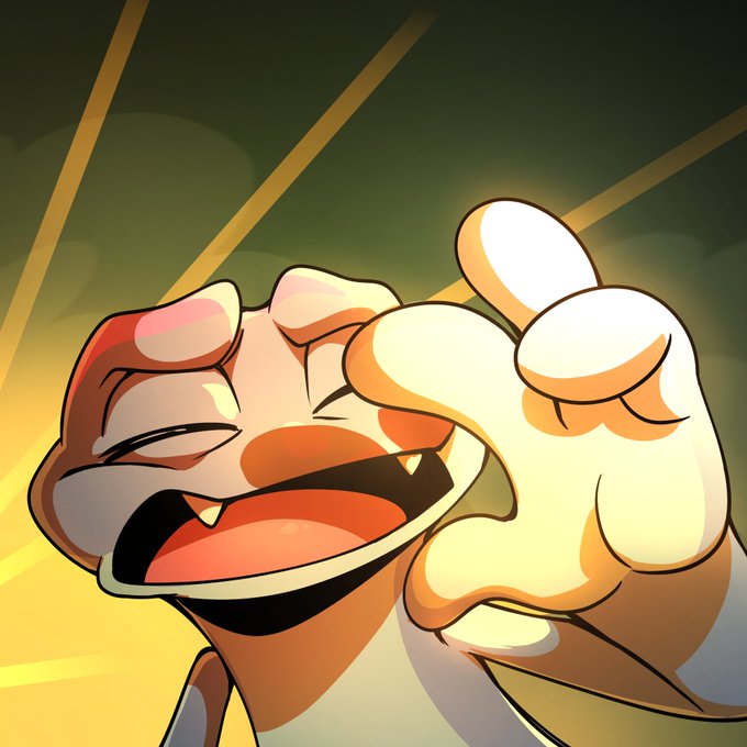 A cartoon illustration of a character with a wide open laughing mouth and eyes closed, giving a thumbs up against a bright, stylized background.