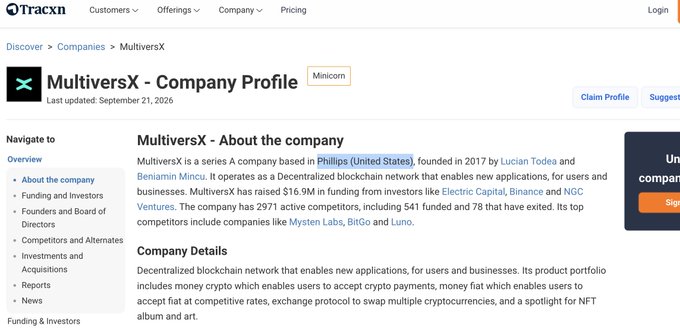 A Tracxn company profile page for MultiversX, described as a Series A company based in Phillips, United States, founded in 2017, operating a Decentralized blockchain network with $16.9M in funding.
