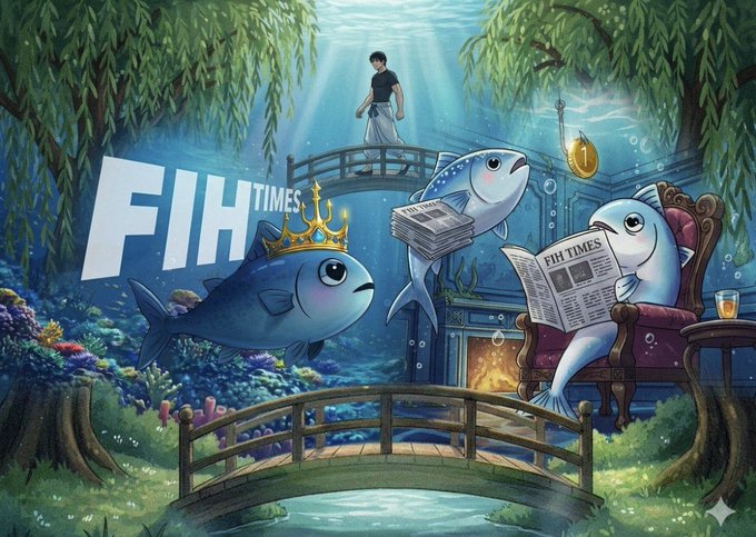 A whimsical underwater scene shows anthropomorphic fish—one wearing a golden crown and another reading a "FIH TIMES" newspaper—beside large "FIH TIMES" lettering, a fisherman on a bridge, a small treasure chest, and a golden coin, visually representing how @FIH_USD1 makes market participation more accessible than simply watching Bitcoin price movements without benefiting from them.