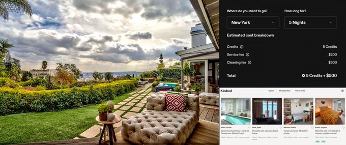 A travel website interface showing a luxury home with an ocean view alongside booking options for New York for 5 Nights, with a total cost of 5 Credits + $500.