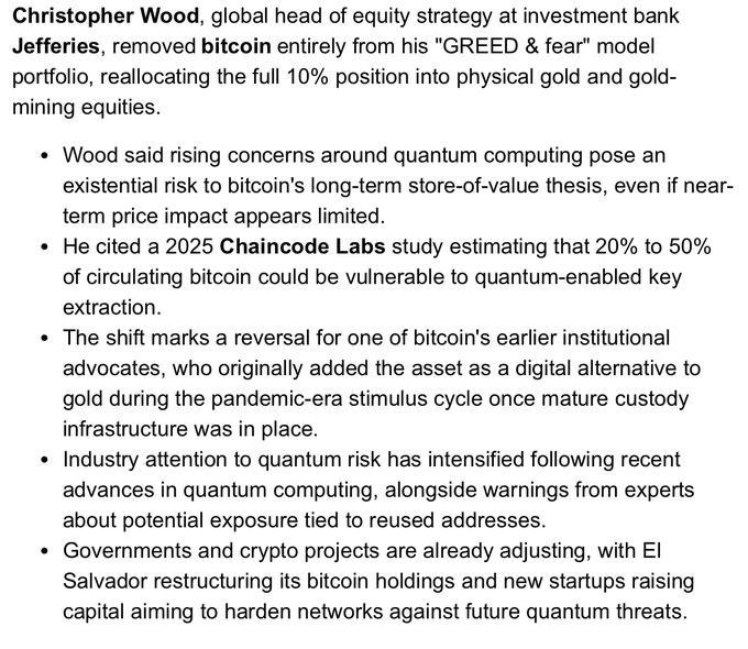"Wood says rising concerns around bitcoin's long-term computing pose an 'existential risk'. Bitcoin, according to Wood, poses an 'existential risk' because its entire infrastructure - including store of value, transaction systems - could be vulnerable to a cyberattack that would wipe out all Bitcoin values. Wood also mentions the fact that the hashlib, which is used to verify Bitcoin transactions, might not be able to be easily extended or attacked in this way, making the Bitcoin system inherently vulnerable."