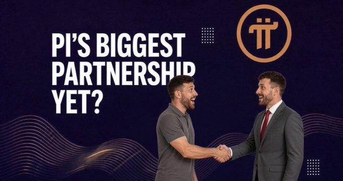 Two men excitedly shake hands in front of a dark purple background featuring the text "PI'S BIGGEST PARTNERSHIP YET?" and the Pi Network logo, visually representing the announcement of Pi Network's new partnership with Open Standard that the post clarifies is not actually with Visa or Google as rumored.