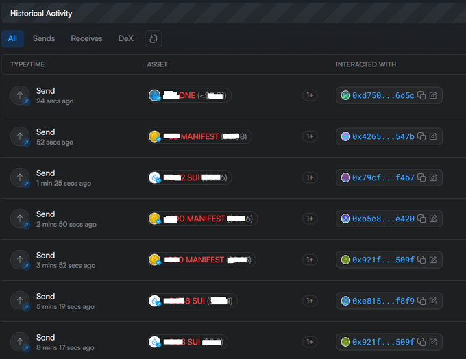 Historical Activity panel displaying a series of recent cryptocurrency 'Send' transactions involving MANIFEST, SUI, and ONE tokens to various wallet addresses.