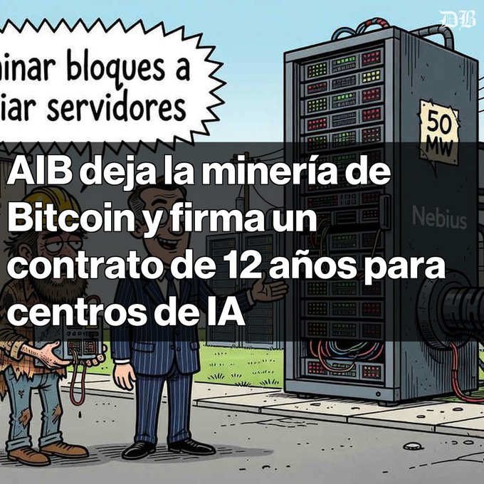 A cartoon illustration showing a disheveled miner next to a suited businessman standing beside a server rack labeled 'Nebius' and '50 MW', with Spanish overlay text reading 'AIB deja la minería de Bitcoin y firma un contrato de 12 años para centros de IA'.