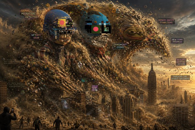 The image shows a cityscape with buildings, people, and a storm of debris. The sky above appears dark and ominous, creating an atmosphere of chaos and destruction. In the midst of this scene, there are three faceless figures wearing masks, possibly representing different aspects or roles within the city. These figures are surrounded by rubble and debris, further emphasizing the severity of the situation. The post also mentions that some people have already started following a signal, which could be related to an emergency or a call for help in this chaotic environment.