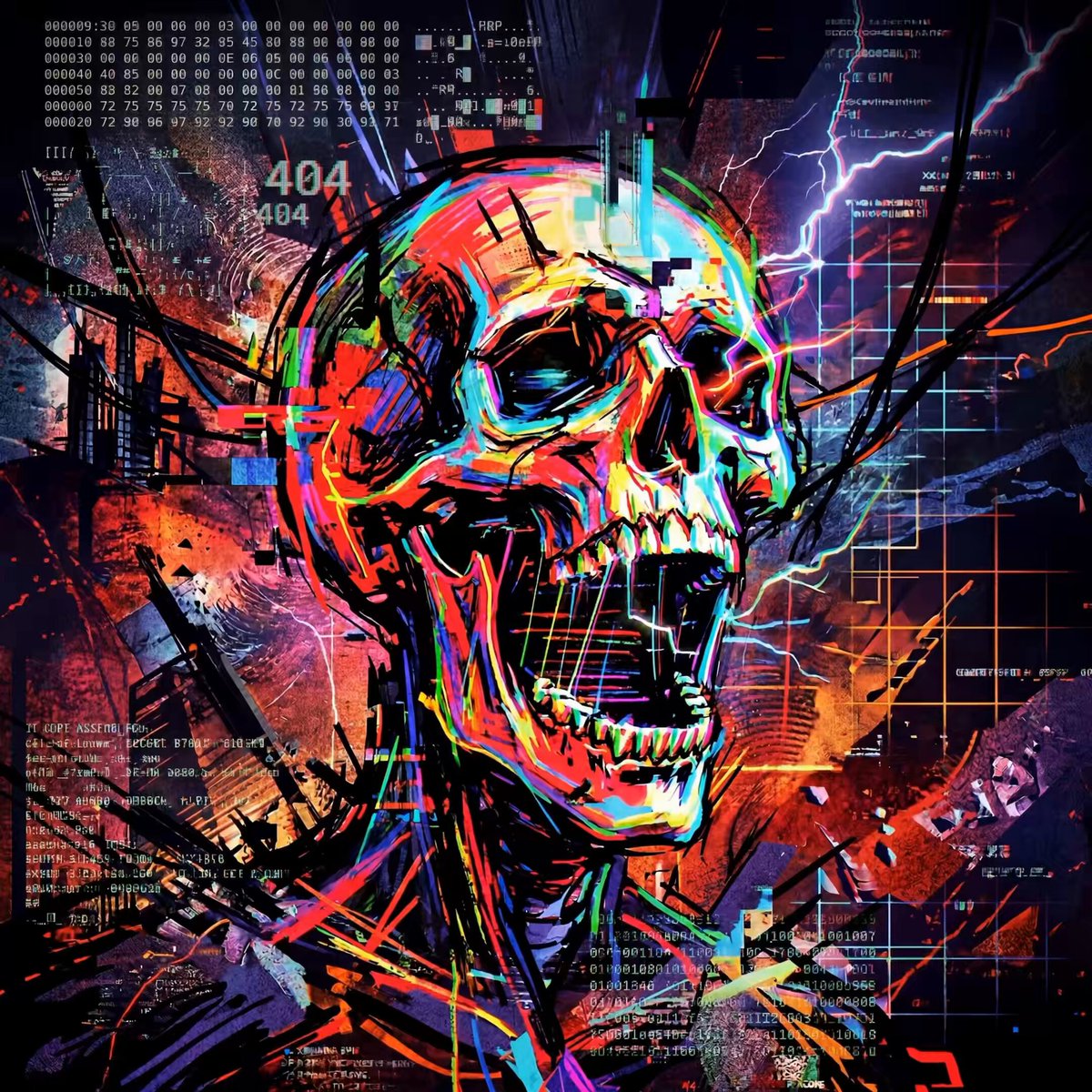 The image features an illustration of a skull with its mouth open, surrounded by various colors and patterns that create a vibrant and chaotic atmosphere. The background includes elements such as lightning bolts and a computer screen, adding to the overall visual impact of the piece. The caption provided in the image suggests that this artwork is part of a time line dedicated to BAYC Mayc or similar artists who are building monster sculptures.