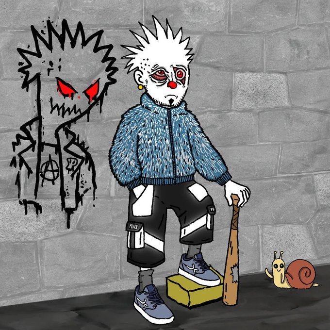 A cartoon-style illustration depicts a pale, spiky-haired figure with a clown nose and red eyes, wearing a blue jacket and black pants, standing next to a dripping black graffiti character with red eyes on a brick wall, with a small snail nearby.