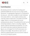 A cropped screenshot showing the BIS logo at the top and the beginning of a 'Contribution' section of text discussing a method for binding SDMX data sets to their source using a public blockchain.