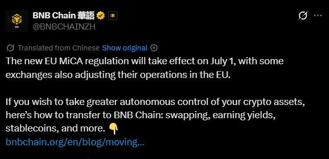 A tweet from @BNBCHAINZH announces BNB Chain's migration guide in response to the EU MiCA regulation taking effect July 1, offering users instructions for self-custody transfers including swapping, yield earning, and stablecoins, linking to bnbchain.org/en/blog/moving....