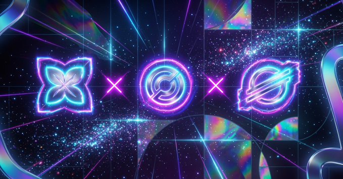 A neon-style cosmic/space-themed graphic featuring glowing symbols (butterfly, 'x', concentric circles, 'x', planet with ring) against a starry galaxy background with iridescent effects.