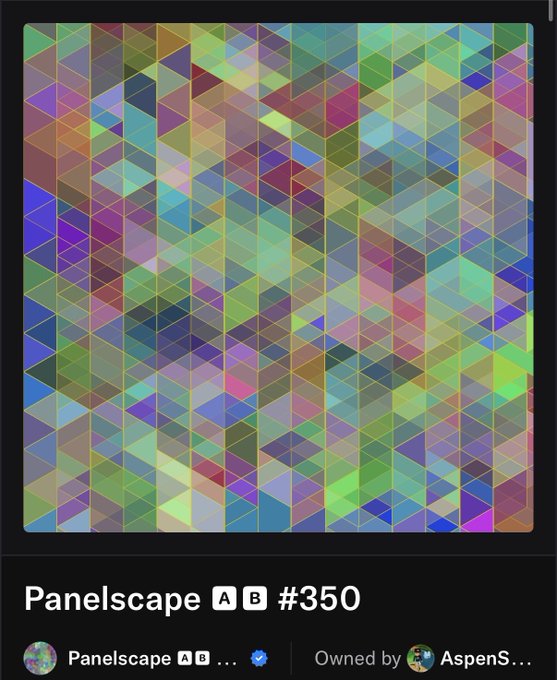 The image shows a vibrant geometric NFT artwork titled "Panelscape A B #350" featuring a colorful mosaic of triangular and diamond shapes in greens, purples, blues, and yellows, owned by AspenS. This matches the accompanying post about acquiring a Panelscape piece by Paolo Tonon from the Art Blocks collection for 0.01 ETH.