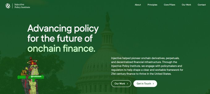 The Injective Policy Institute's homepage promotes their mission to "advance policy for the future of onchain finance" by working with regulators to establish clear rules for 21st-century financial infrastructure in the U.S., visually reinforcing the post's message that $INJ is expanding beyond onchain finance into shaping the policy layer for onchain markets, perpetuals, and decentralized finance.