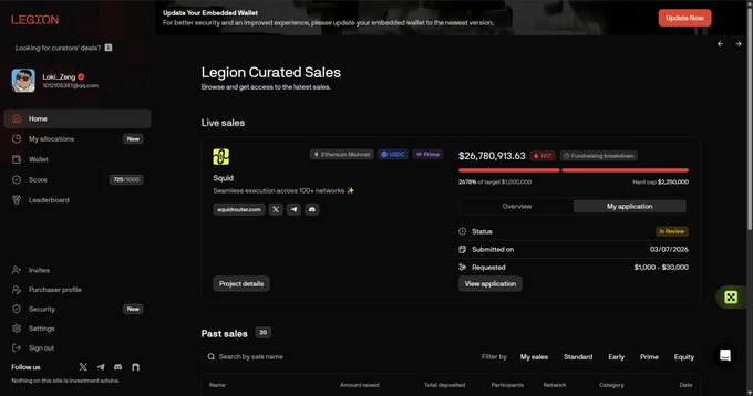 The image shows the Legion platform displaying a "Curated Sales" page featuring a live "Squad" token sale that raised $26,780,913.63 out of a $30,000,000 hard cap from 307 purchasers, with a note stating it's "Purchasing breakdown." This directly supports the post's sarcastic commentary about skeptics claiming Legion wouldn't succeed or attract investment, yet the sale filled with over $26 million committed—proving the critics wrong.