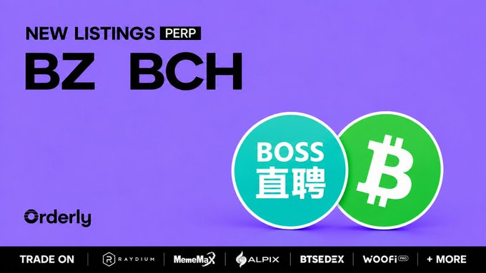 An Orderly cryptocurrency exchange promotional graphic announcing new perpetual listings for BZ and BCH tokens, featuring a 'BOSS 直接聘' badge and listing platforms including MemeMax, ALPIX, BTSEDEX, and WOOFi.