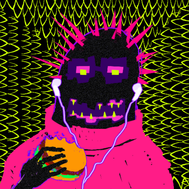 A vibrant digital illustration featuring a pixelated black skull character with glowing yellow eyes, pink headphones, and a pink hoodie, set against a wavy yellow-green background, holding what appears to be a burger.