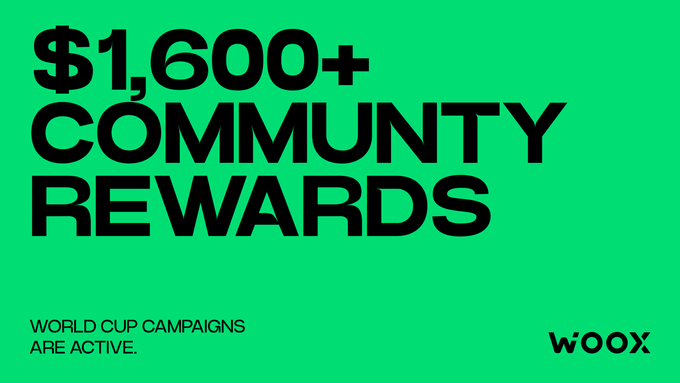 The image shows a poster with a green background featuring white text that announces an over $1,600+ reward for signing up for a worldwide soccer game campaign sponsored by WOOX. The text highlights the benefits of participating in the campaign, such as gaining access to tokenized stocks and World Cup forecasts along with community challenges. The poster also includes additional information about the schedule and a contact number.
