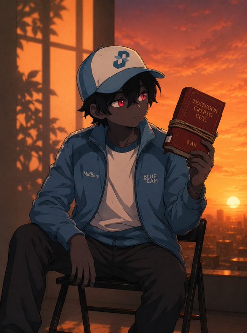 An anime-style illustration shows a young man with red eyes sitting in a chair at sunset, wearing a blue cap and jacket labeled 'BLUE TEAM', and holding a red book labeled 'TEXTBOOK CRYPTO GUY'.