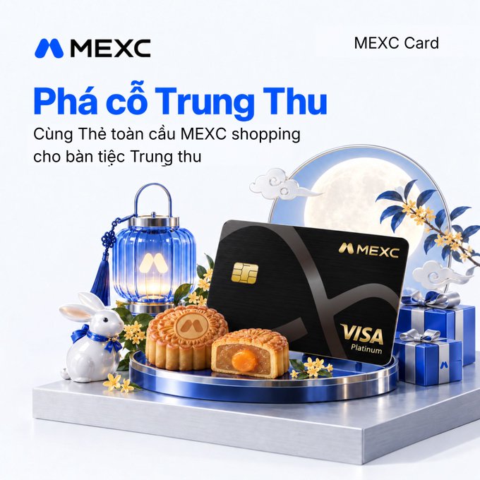 A MEXC Visa Platinum card promotional advertisement for Mid-Autumn Festival ('Phá cỗ Trung Thu') featuring a mooncake, lantern, and gift boxes with the MEXC logo.