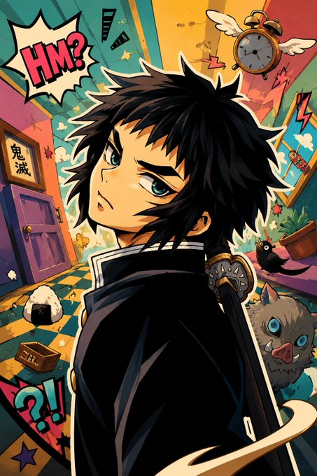 A stylized anime illustration of a young man with messy black hair and blue eyes, dressed in a dark uniform, stands in a colorful doorway scene featuring a winged alarm clock, an onigiri, a boar-like creature, and a sign with the Japanese characters "鬼滅" (Kimetsu). Comic-style text bubbles read "HM?" and "?!" around him, suggesting a curious or confused reaction. The image appears unrelated to the post about maritime logistics and wellness, serving instead as a playful, attention-grabbing visual.