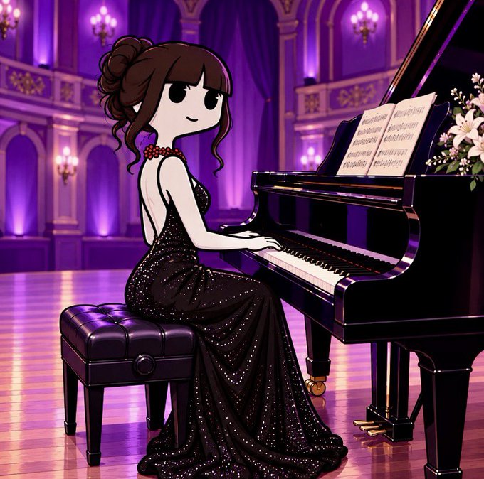 An anime-style illustration features a young woman in an elegant black sequined gown playing a grand piano on a stage bathed in purple light.
