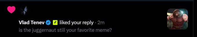 A screenshot of an Instagram notification from 'Vlad Tenev' with a verified checkmark, reading 'is the juggernaut still your favorite meme?' alongside a profile picture of a muscular character.
