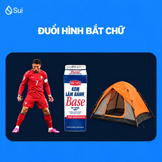 A Vietnamese 'Đuổi hình bắt chữ' (picture-word guessing) puzzle featuring a soccer player in red #7 uniform, a Rich's Base baking cream carton, and an orange tent, branded with the Sui logo.