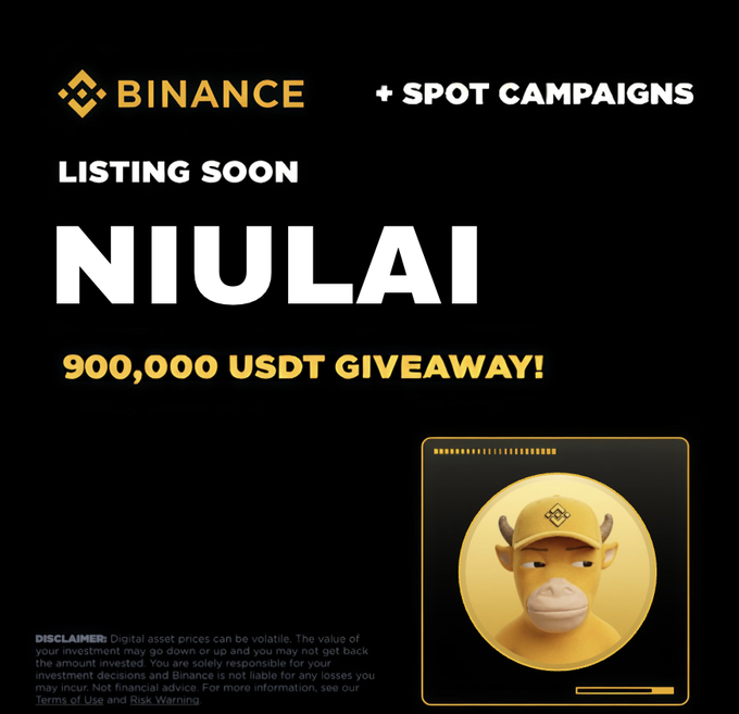 A Binance cryptocurrency promotional banner advertising an upcoming 'NIULAI' listing and a '900,000 USDT GIVEAWAY!' featuring a yellow cartoon bull mascot wearing a Binance cap.