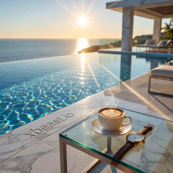 A steaming cup of latte art coffee and a wristwatch sit on a glass side table beside a sparkling infinity pool overlooking the ocean at sunset, with a watermark reading 'kbeast.io' on the marble surface.