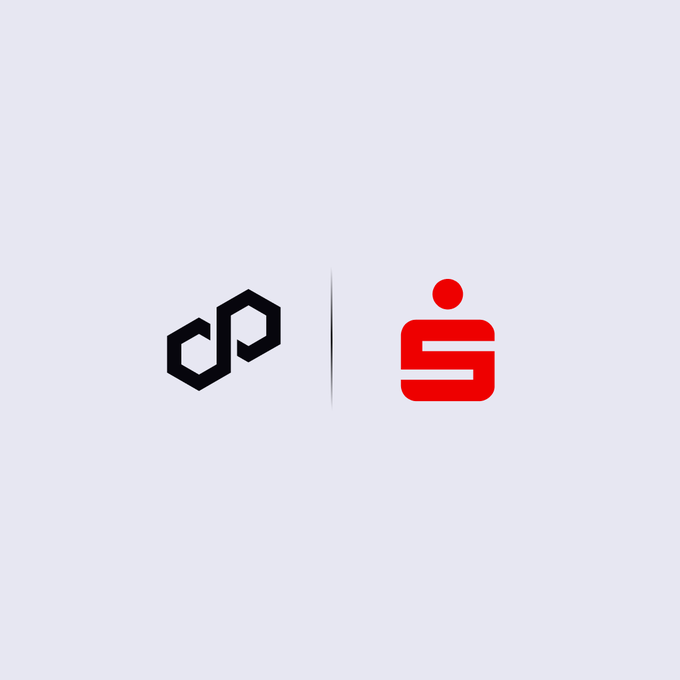 A minimalist graphic shows the black Polygon logo beside a red stylized Sparkasse “S,” separated by a thin vertical line. The image visually links Polygon ($POL) with Sparkasse’s banking-app crypto offering, alongside BTC, ETH, SOL, and XRP.