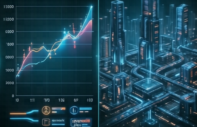 A split image showing a glowing upward-trending financial line chart on the left and a futuristic cyberpunk cityscape with illuminated skyscrapers and highways on the right.