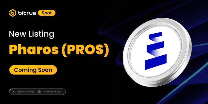 The image features a circular coin with a blue and white design, which is the main focus of the image. The background of the image is black, making the coin stand out prominently. Below the coin, there's text that reads "New Listing $PROS is coming soon (June 8, 6:00)". This suggests that the coin listing event will be held on June 8th at 6:00 PM. The post also mentions that the coin listing event is exclusively for $BTR holders and that it powers the Pharos Network.