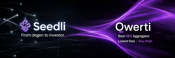 Promotional banner featuring Seedli ('From degen to investor.') alongside Qwerti ('Best DEX Aggregator, Lowest fees | Any chain'), set against a dark background with purple light streaks and constellation graphics.