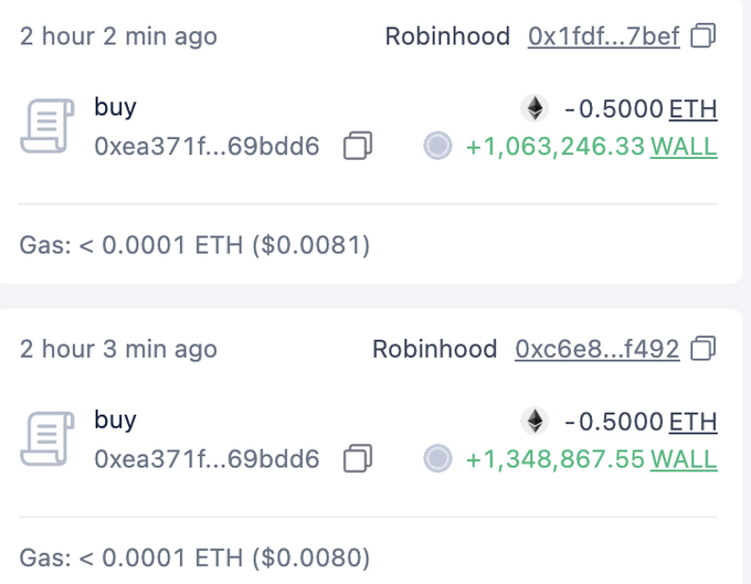 Two recent transactions from a Robinhood wallet show purchases of the $WALL token on Ethereum, each spending roughly 0.0007 ETH (~$1.80 gas) for amounts around 1.7M and 1.8M tokens, corresponding to the post's claim of buying $WALL in the 1.5–2M range during its Stonklauncher fair launch.