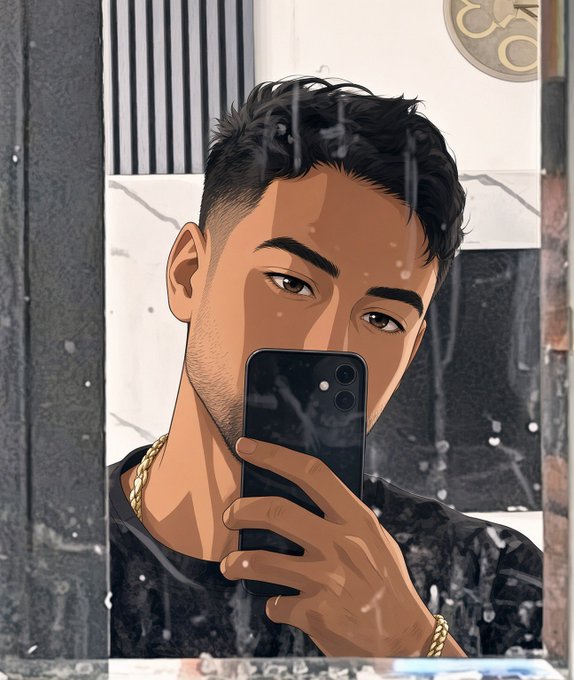 A digital illustration shows a young man taking a mirror selfie with a black smartphone, wearing a dark shirt and gold chains.