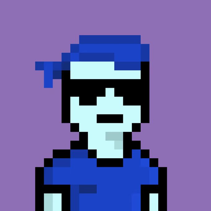 A pixel art portrait of a blue-skinned character wearing a blue cap, set against a solid purple background in a retro 8-bit style.