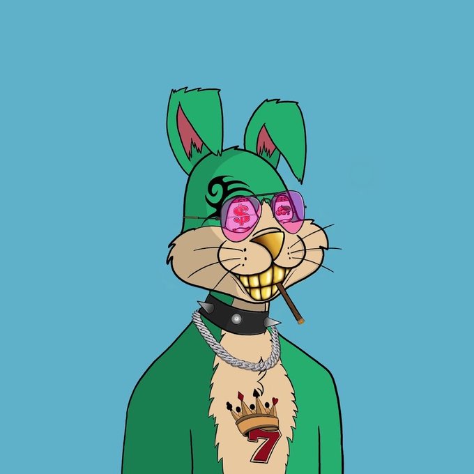 A cartoon illustration of a green rabbit-like character wearing pink dollar-sign sunglasses, a spiked collar with a chain, and a sweater displaying a crown logo with the number 7, set against a solid blue background.