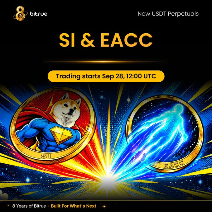 A Bitrue promotional image announcing the launch of new USDT Perpetual futures contracts for $SI and $EACC, featuring superhero-styled mascots for each token with trading scheduled to start September 28 at 12:00 UTC and noting "8 Years of Bitrue - Built For What's Next."