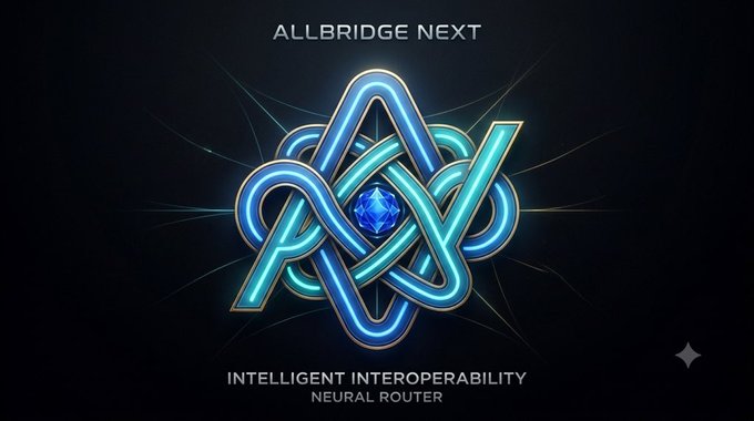 The image displays the "ALLBRIDGE NEXT" logo featuring an intricate blue knot design with a central diamond, accompanied by the tagline "INTELLIGENT INTEROPERABILITY — NEURAL ROUTER," visually symbolizing the bridging and connection of fragmented blockchain networks referenced in the post about Web3's interoperability challenges.